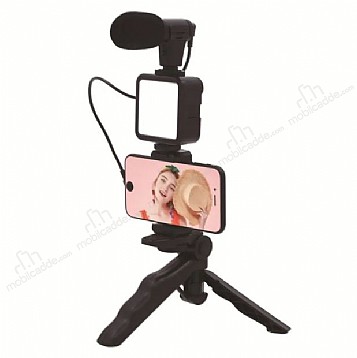 Eiroo AY-49 Mikrofon Led Işıklı Siyah Vlogger Kiti Telefon Tutucu