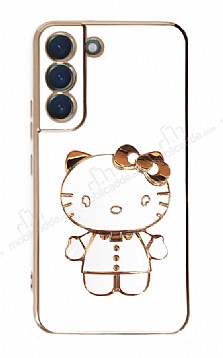 Eiroo Aynal Kitty Samsung Galaxy S21 FE 5G Standl Beyaz Silikon Klf