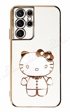Eiroo Aynal Kitty Samsung Galaxy S21 Ultra Standl Beyaz Silikon Klf
