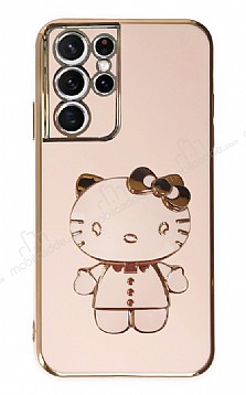Eiroo Aynal Kitty Samsung Galaxy S21 Ultra Standl Pembe Silikon Klf