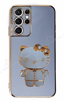 Eiroo Aynal Kitty Samsung Galaxy S21 Ultra Standl Mavi Silikon Klf
