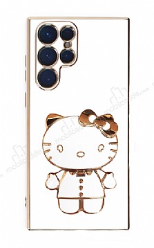 Eiroo Aynal Kitty Samsung Galaxy S22 Ultra 5G Standl Beyaz Silikon Klf