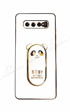 Eiroo Baby Panda Samsung Galaxy S10 Plus Standl Beyaz Silikon Klf