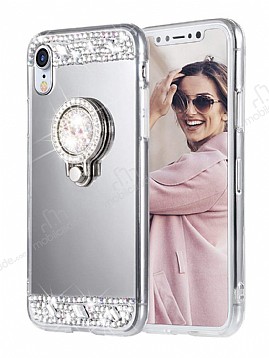 Eiroo Bling Mirror iPhone XR Silikon Kenarl Aynal Silver Rubber Klf