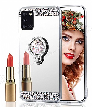 Eiroo Bling Mirror Samsung Galaxy A31 Silikon Kenarl Aynal Silver Rubber Klf