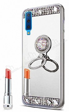 Eiroo Bling Mirror Samsung Galaxy A7 2018 Silikon Kenarl Aynal Silver Rubber Klf