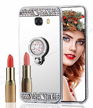 Eiroo Bling Mirror Samsung Galaxy C9 Pro Silikon Kenarl Aynal Silver Rubber Klf