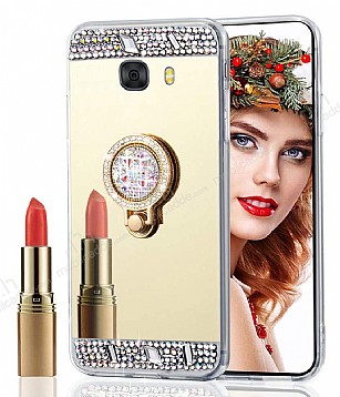 Eiroo Bling Mirror Samsung Galaxy C9 Pro Silikon Kenarl Aynal Gold Rubber Klf