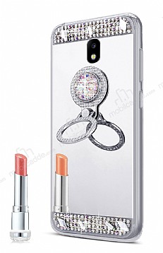 Eiroo Bling Mirror Samsung Galaxy J7 Pro 2017 Silikon Kenarl Aynal Silver Rubber Klf