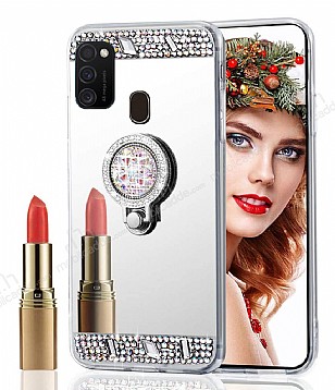 Eiroo Bling Mirror Samsung Galaxy M21 Silikon Kenarl Aynal Silver Rubber Klf
