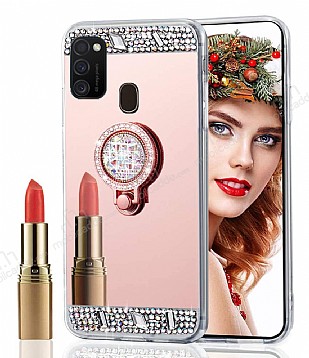 Eiroo Bling Mirror Samsung Galaxy M21 Silikon Kenarl Aynal Rose Gold Rubber Klf