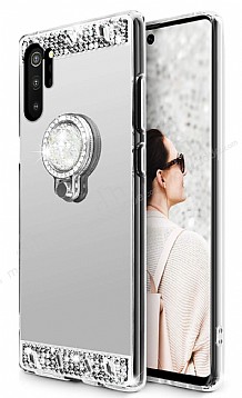 Eiroo Bling Mirror Samsung Galaxy Note 10 Plus Silikon Kenarl Aynal Silver Rubber Klf