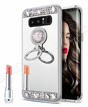Eiroo Bling Mirror Samsung Galaxy Note 8 Silikon Kenarl Aynal Silver Rubber Klf