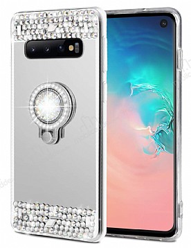 Eiroo Bling Mirror Samsung Galaxy S10 Plus Silikon Kenarl Aynal Silver Rubber Klf