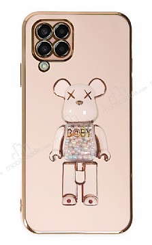 Eiroo Samsung Galaxy M32 Candy Bear Standl Pembe Silikon Klf