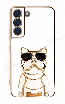 Eiroo Bulldog Samsung Galaxy S21 Plus Standl Beyaz Silikon Klf