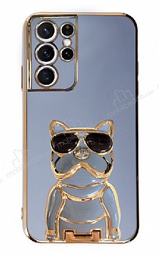 Eiroo Bulldog Samsung Galaxy S21 Ultra Standl Mavi Silikon Klf