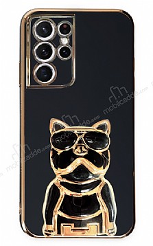 Eiroo Bulldog Samsung Galaxy S21 Ultra Standl Siyah Silikon Klf