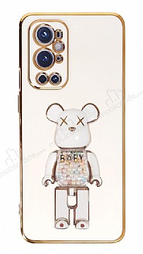 Eiroo Candy Bear OnePlus 9 Pro Standl Beyaz Silikon Klf