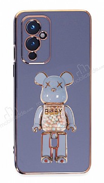 Eiroo Candy Bear OnePlus 9 Standl Mavi Silikon Klf