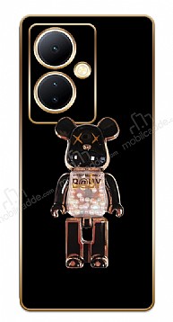 Eiroo Candy Bear vivo V29 Lite Standl Kamera Korumal Siyah Silikon Klf