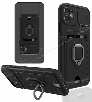 Eiroo Card Magnet iPhone 12 6.1 in Kartlkl Siyah Silikon Klf