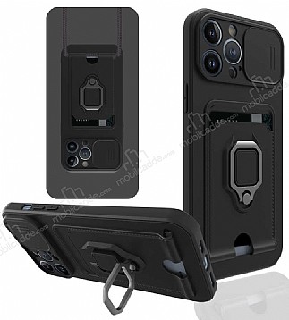 Eiroo Card Magnet iPhone 12 Pro 6.1 in Kartlkl Siyah Silikon Klf