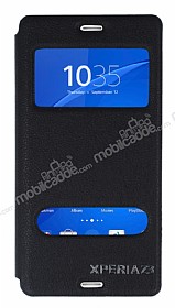 Eiroo Sony Xperia Z3 Vantuzlu Pencereli Siyah Deri Klf