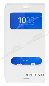 Eiroo Sony Xperia Z3 Vantuzlu Pencereli Beyaz Deri Klf