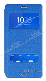 Eiroo Sony Xperia Z3 Vantuzlu Pencereli Mavi Deri Klf