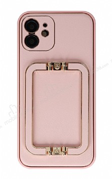 Eiroo Chic Stand iPhone 12 6.1 in Deri Pembe Rubber Klf