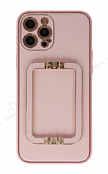 Eiroo Chic Stand iPhone 12 Pro 6.1 in Deri Pembe Rubber Klf
