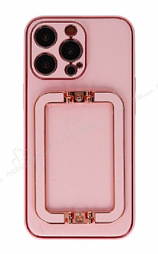 Eiroo Chic Stand iPhone 13 Pro Deri Pembe Rubber Klf