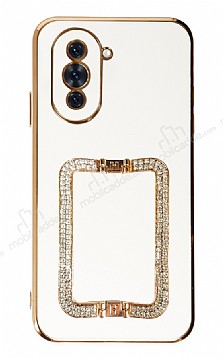 Eiroo Crystal Serisi Huawei nova 10 Pro Kare Gold Tal Tutuculu Beyaz Silikon Klf