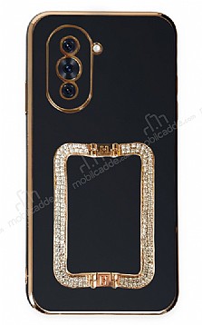 Eiroo Crystal Serisi Huawei nova 10 Pro Kare Gold Tal Tutuculu Siyah Silikon Klf