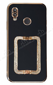 Eiroo Crystal Serisi Huawei P20 Lite Kare Gold Tal Tutuculu Siyah Silikon Klf