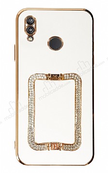 Eiroo Crystal Serisi Huawei P20 Lite Kare Gold Tal Tutuculu Beyaz Silikon Klf