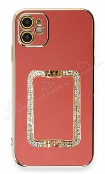Eiroo Crystal Serisi iPhone 12 Kare Gold Tal Tutuculu Krmz Silikon Klf