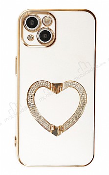 Eiroo Crystal Serisi iPhone 13 Mini Kalpli Gold Tal Tutuculu Beyaz Silikon Klf