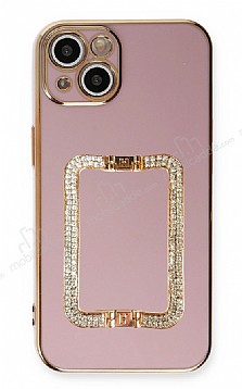 Eiroo Crystal Serisi iPhone 13 Mini Kare Gold Tal Tutuculu Mor Silikon Klf