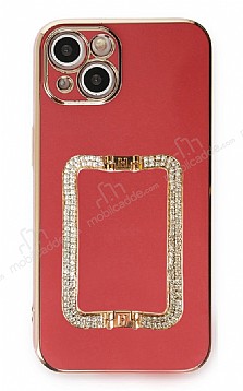 Eiroo Crystal Serisi iPhone 13 Mini Kare Gold Tal Tutuculu Krmz Silikon Klf
