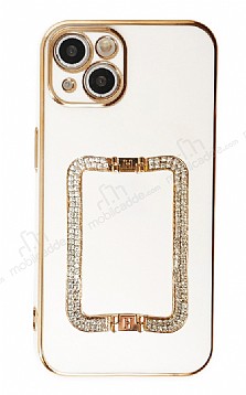 Eiroo Crystal Serisi iPhone 13 Mini Kare Gold Tal Tutuculu Beyaz Silikon Klf