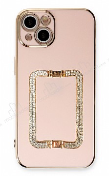 Eiroo Crystal Serisi iPhone 13 Mini Kare Gold Tal Tutuculu Pembe Silikon Klf