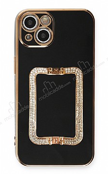 Eiroo Crystal Serisi iPhone 13 Mini Kare Gold Tal Tutuculu Siyah Silikon Klf