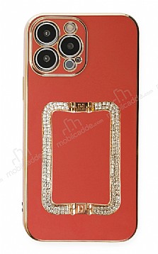 Eiroo Crystal Serisi iPhone 13 Pro Kare Gold Tal Tutuculu Krmz Silikon Klf