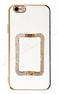 Eiroo Crystal Serisi iPhone 6 / 6S Kare Gold Tal Tutuculu Beyaz Silikon Klf