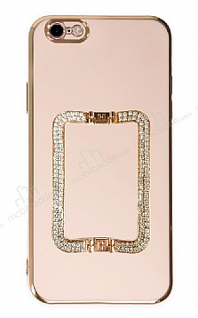 Eiroo Crystal Serisi iPhone 6 / 6S Kare Gold Tal Tutuculu Pembe Silikon Klf