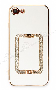Eiroo Crystal Serisi iPhone 7 / 8 Kare Gold Tal Tutuculu Beyaz Silikon Klf