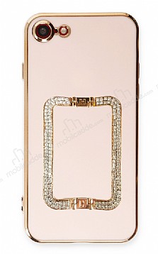 Eiroo Crystal Serisi iPhone 7 / 8 Kare Gold Tal Tutuculu Pembe Silikon Klf