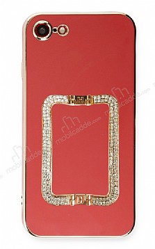 Eiroo Crystal Serisi iPhone 7 / 8 Kare Gold Tal Tutuculu Krmz Silikon Klf